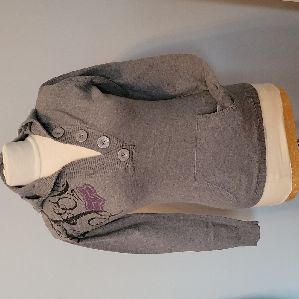 FOX Girls Gray V-Neck Hooded Sweater with Button Placket Moto Grunge Streetwear